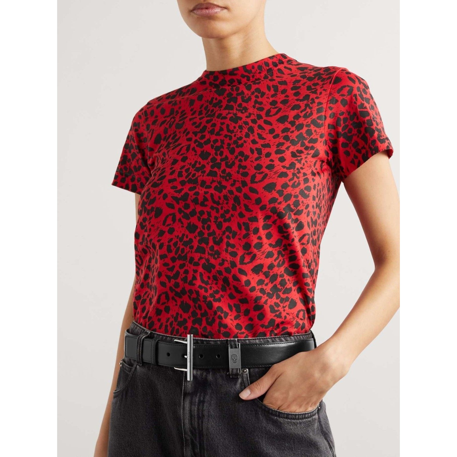 Alexander Mcqueen Leopard Print T-Shirt Sz 44 Red Black Cotton Jersey Italy $575